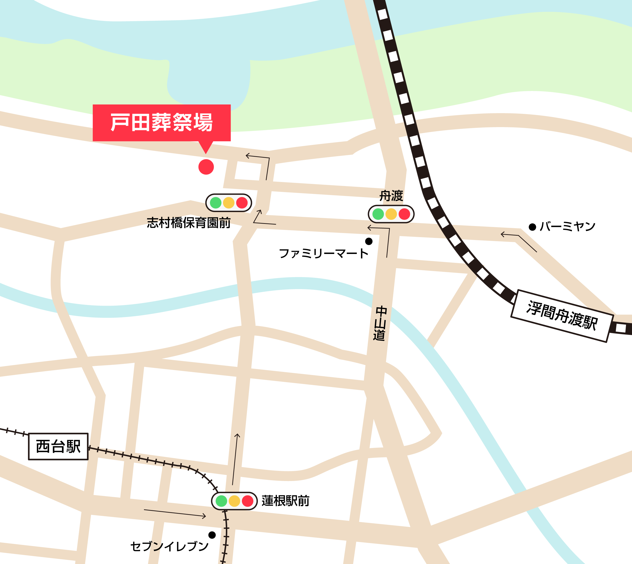 戸田葬祭場への車での行き方・アクセスを記した地図
