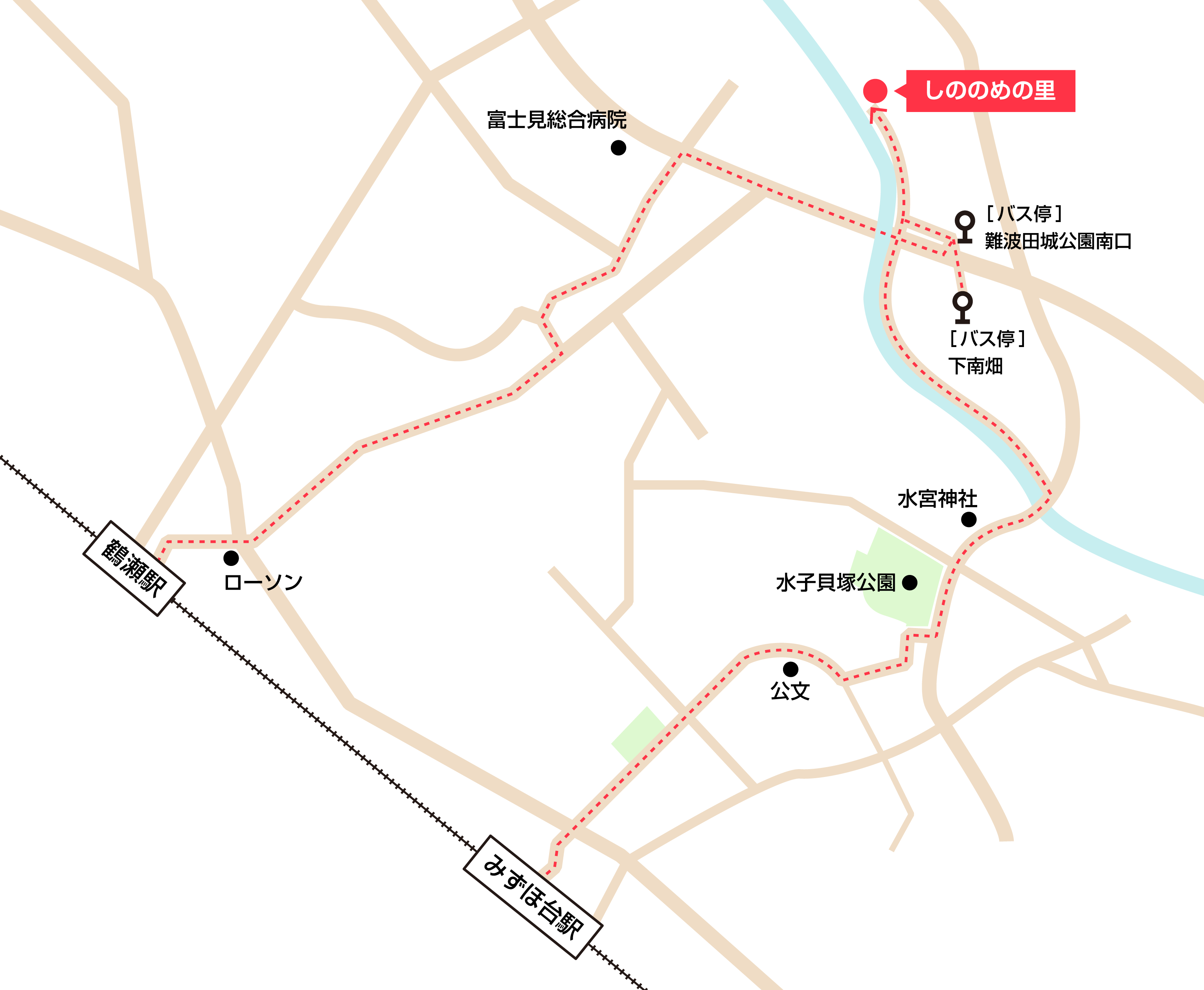 しののめの里への徒歩・バスでの行き方・アクセスを記した地図