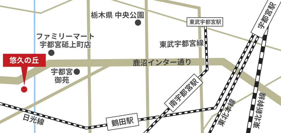 悠久の丘への徒歩・バスでの行き方・アクセスを記した地図