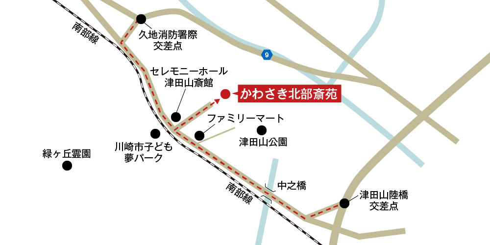 かわさき北部斎苑への車での行き方・アクセスを記した地図