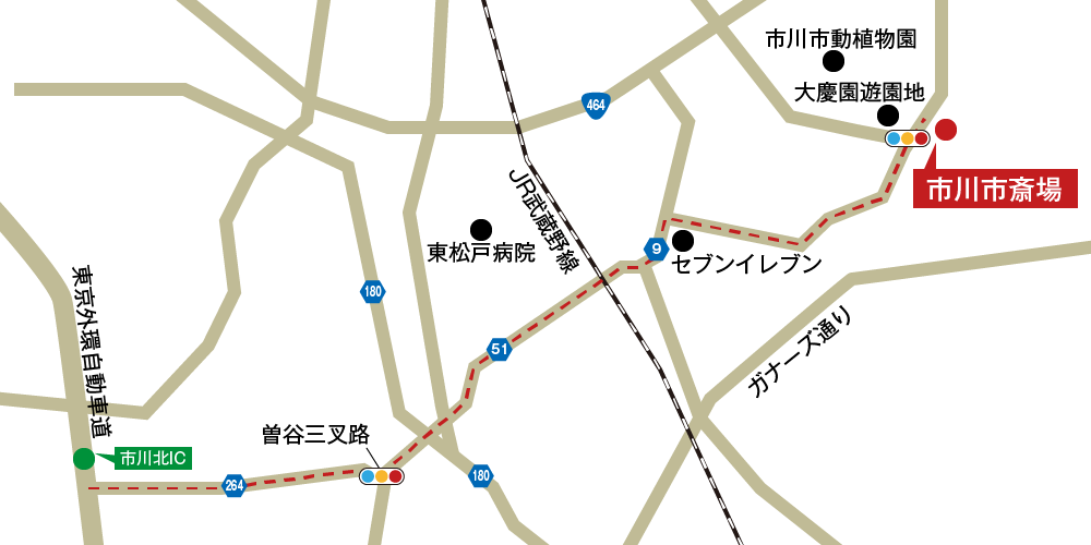市川市斎場への車での行き方・アクセスを記した地図