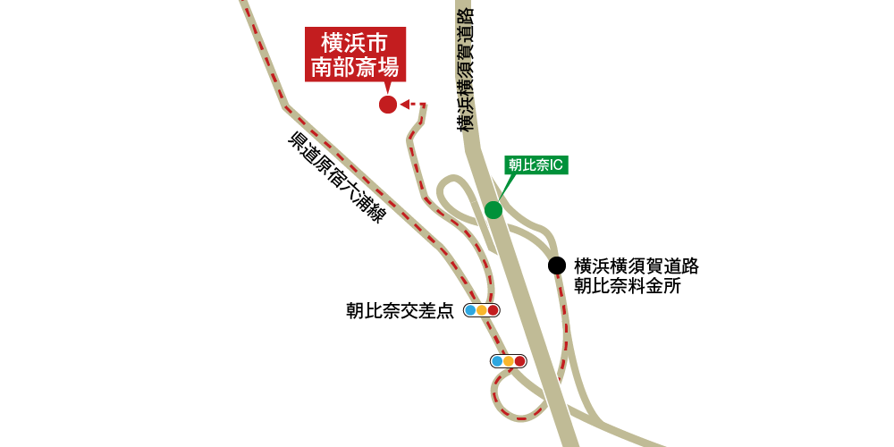 横浜市南部斎場への車での行き方・アクセスを記した地図