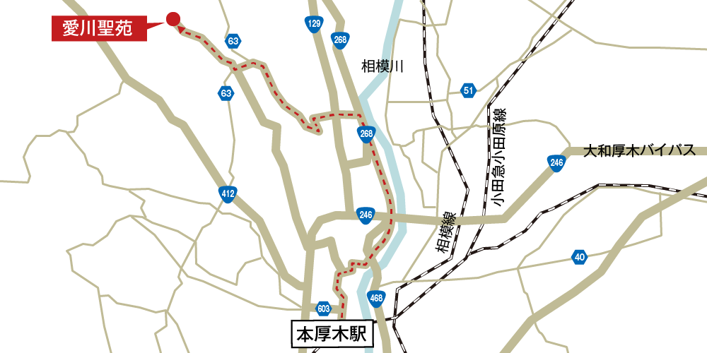 愛川聖苑への徒歩・バスでの行き方・アクセスを記した地図
