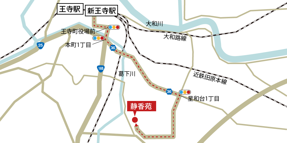 静香苑への徒歩・バスでの行き方・アクセスを記した地図