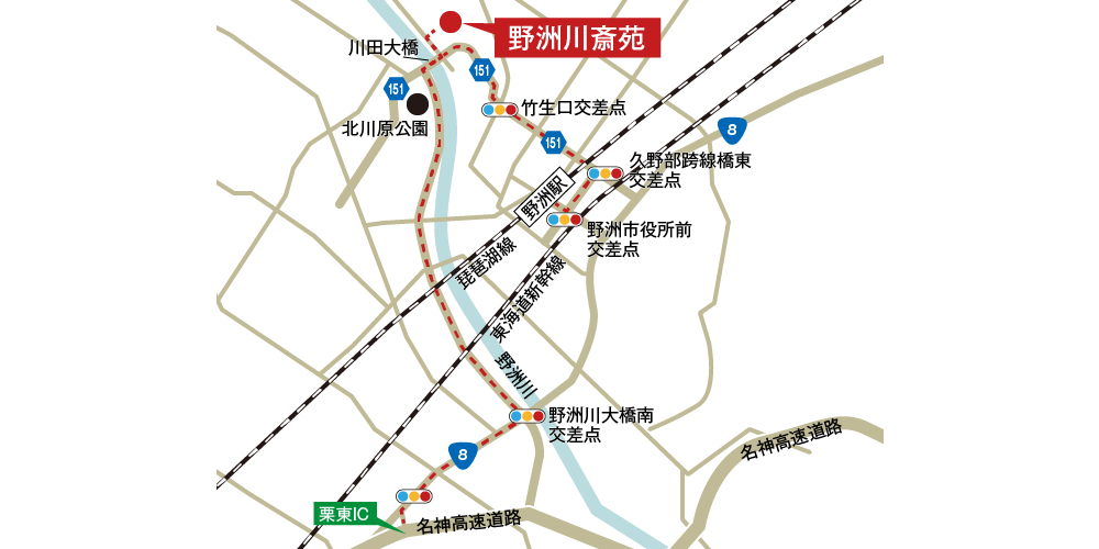 野洲川斎苑への車での行き方・アクセスを記した地図