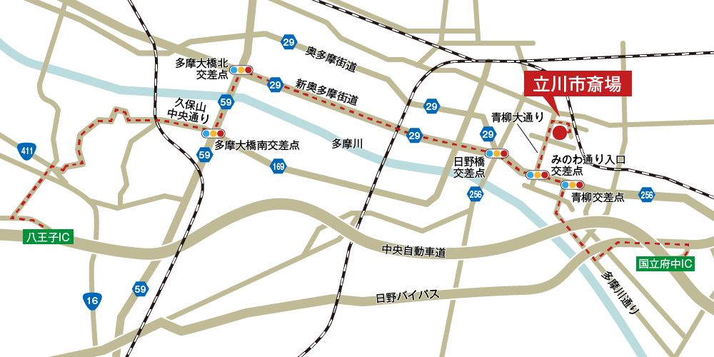 立川市斎場への車での行き方・アクセスを記した地図
