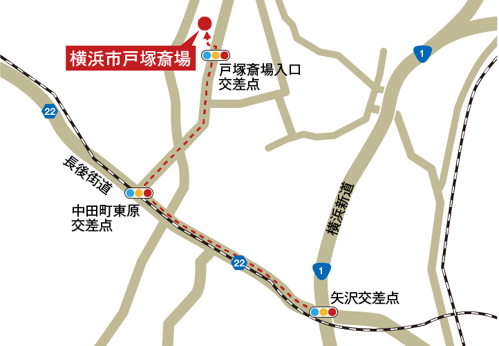 横浜市戸塚斎場への車での行き方・アクセスを記した地図