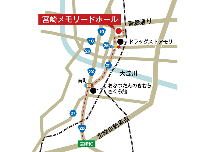宮崎メモリードホールへの車での行き方・アクセスを記した地図