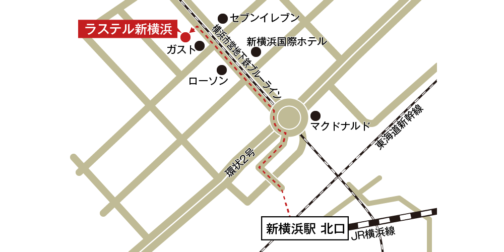 ラステル新横浜への徒歩・バスでの行き方・アクセスを記した地図