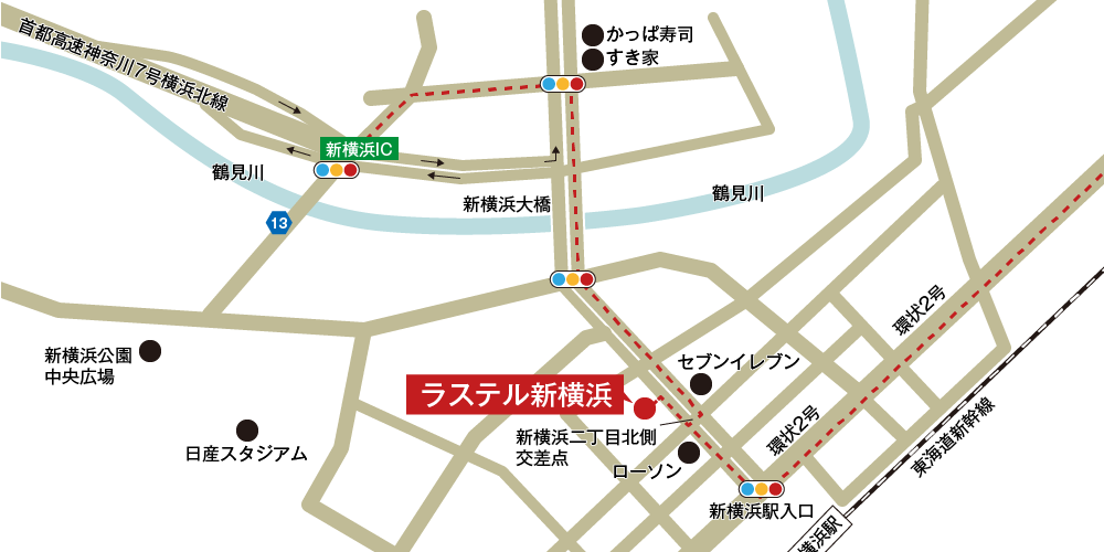 ラステル新横浜への車での行き方・アクセスを記した地図