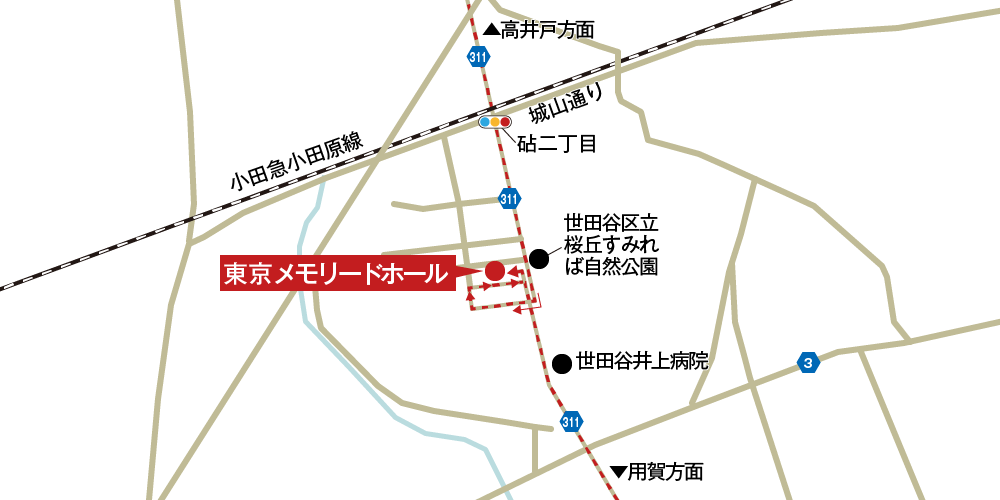 東京メモリードホールへの車での行き方・アクセスを記した地図