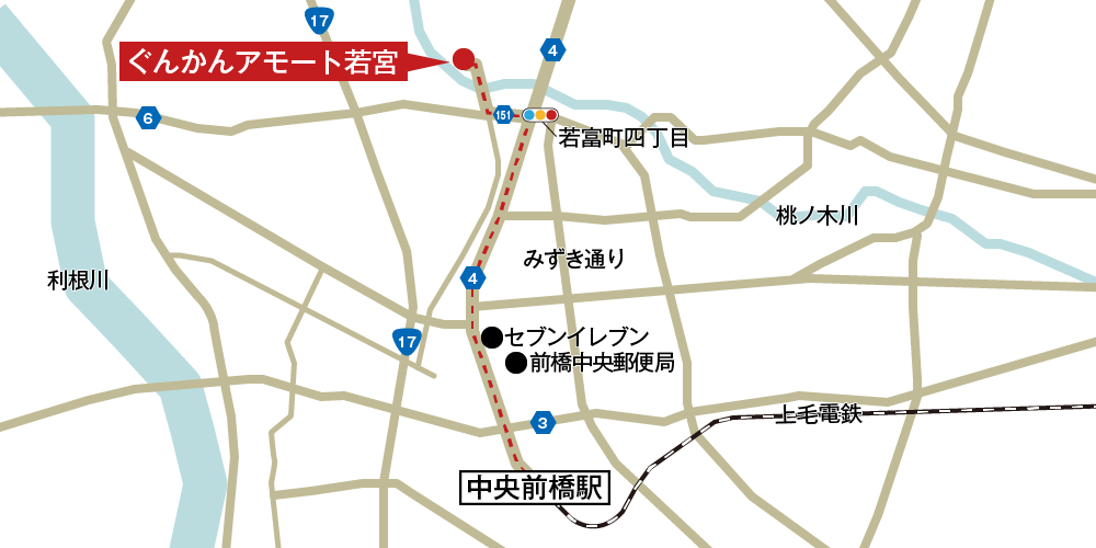 アモート若宮への徒歩・バスでの行き方・アクセスを記した地図