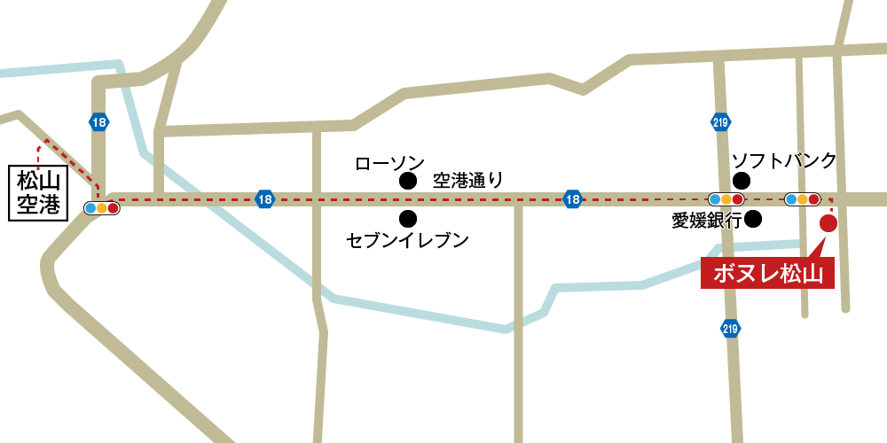 ボヌレ松山への車での行き方・アクセスを記した地図