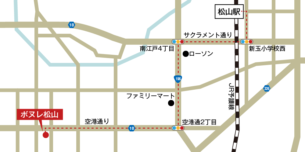 ボヌレ松山への徒歩・バスでの行き方・アクセスを記した地図