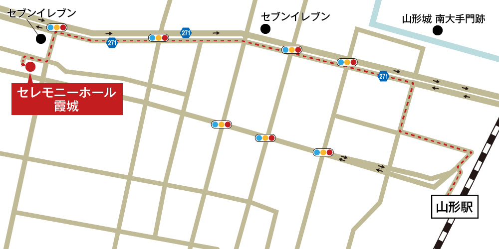 セレモニーホール霞城への徒歩・バスでの行き方・アクセスを記した地図