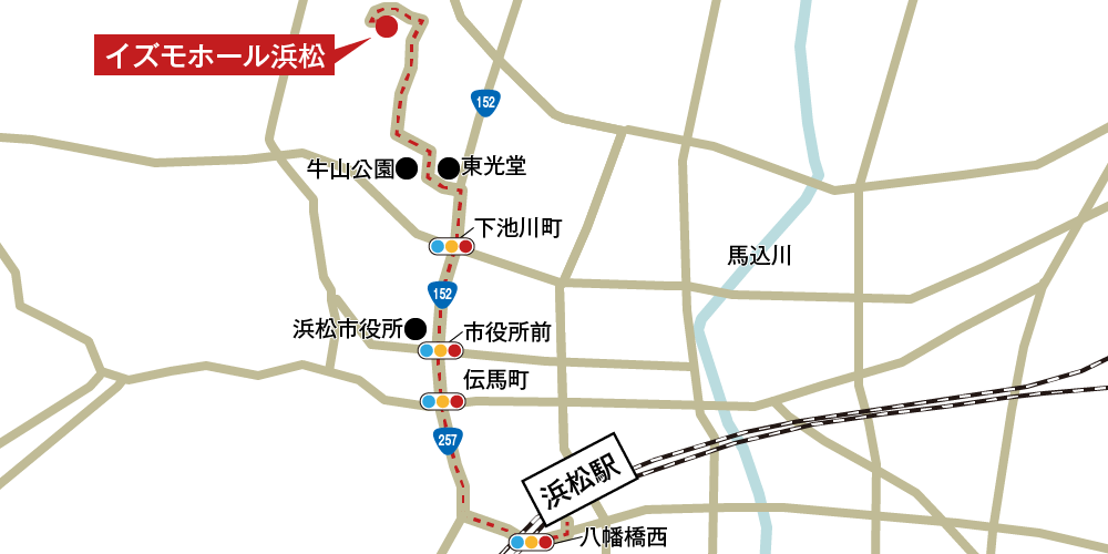 イズモホール浜松への徒歩・バスでの行き方・アクセスを記した地図
