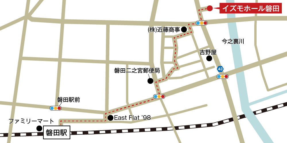 イズモホール磐田への徒歩・バスでの行き方・アクセスを記した地図
