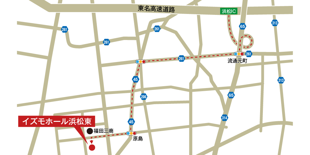 イズモホール浜松東への車での行き方・アクセスを記した地図