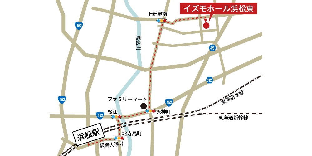 イズモホール浜松東への徒歩・バスでの行き方・アクセスを記した地図