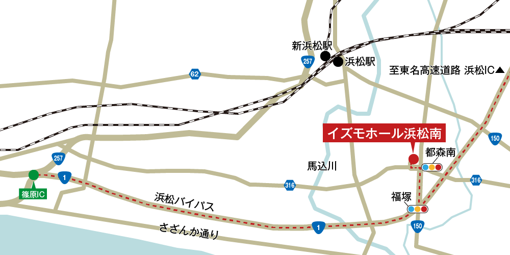 イズモホール浜松南への車での行き方・アクセスを記した地図