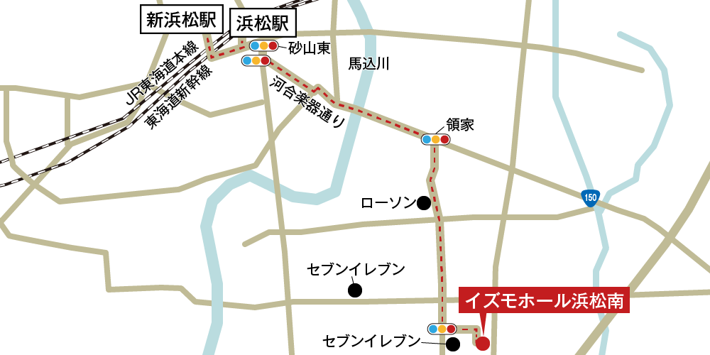 イズモホール浜松南への徒歩・バスでの行き方・アクセスを記した地図
