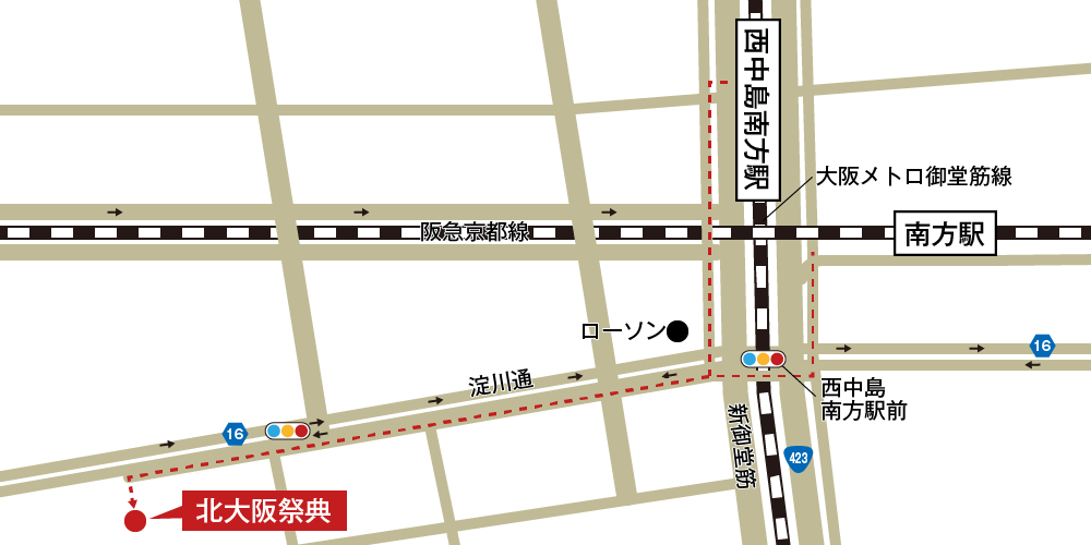 北大阪祭典への徒歩・バスでの行き方・アクセスを記した地図