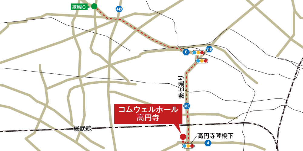 コムウェルホール高円寺への車での行き方・アクセスを記した地図