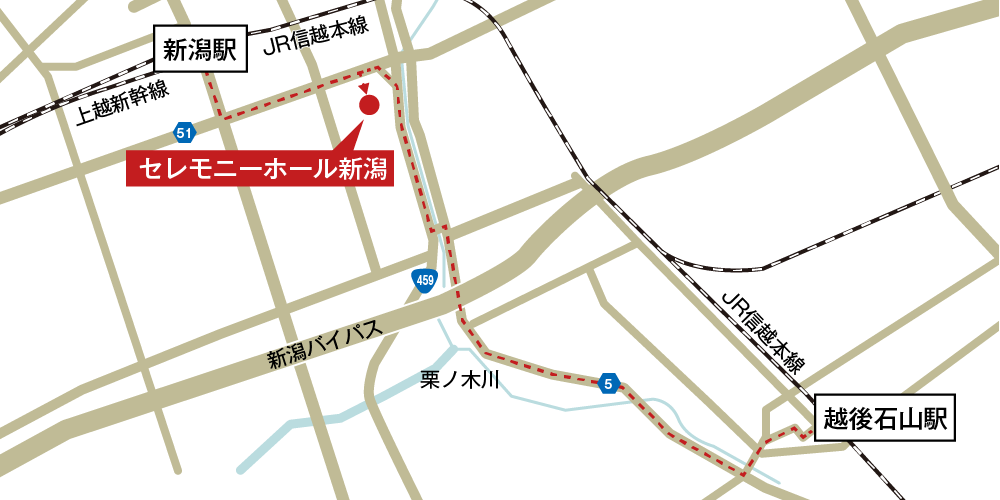 セレモニーホール新潟への徒歩・バスでの行き方・アクセスを記した地図