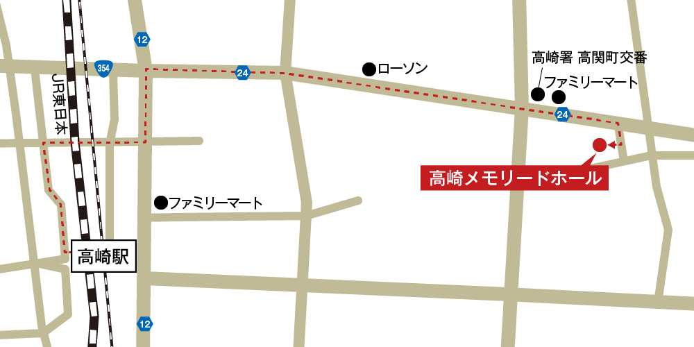高崎メモリードホールへの徒歩・バスでの行き方・アクセスを記した地図