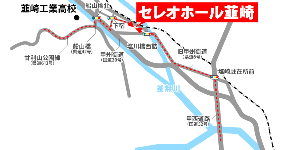 セレオホール韮崎への車での行き方・アクセスを記した地図