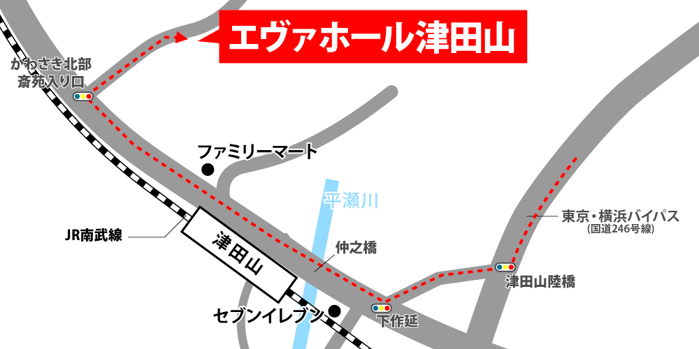 エヴァホール川崎への車での行き方・アクセスを記した地図