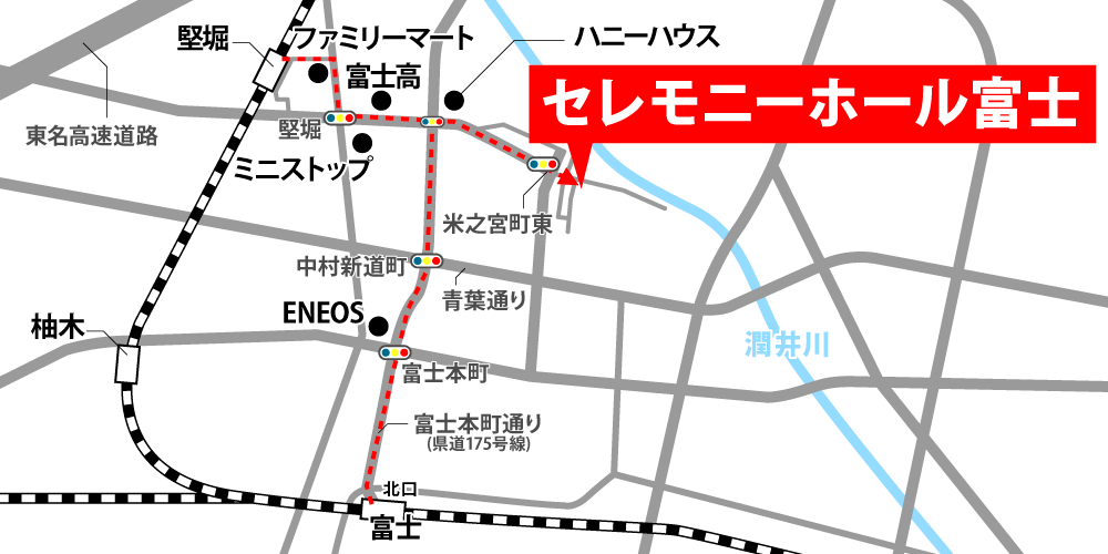 セレモニーホール富士への徒歩・バスでの行き方・アクセスを記した地図