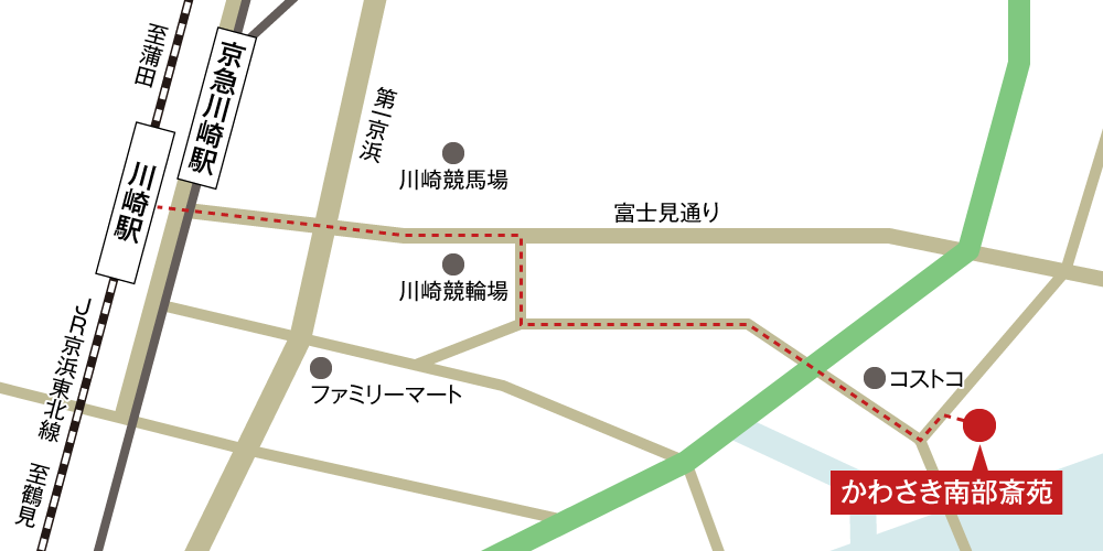 かわさき南部斎苑への徒歩・バスでの行き方・アクセスを記した地図