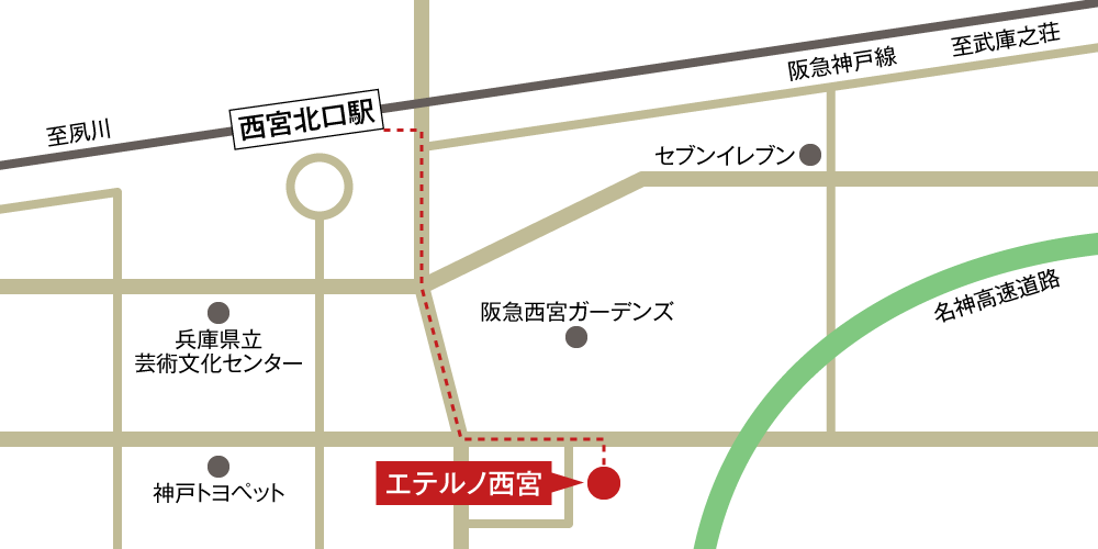エテルノ西宮への徒歩・バスでの行き方・アクセスを記した地図