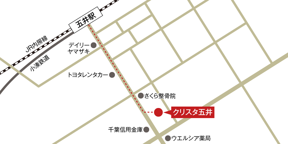 クリスタ五井への徒歩・バスでの行き方・アクセスを記した地図