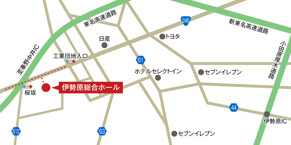 伊勢原総合ホールへの車での行き方・アクセスを記した地図