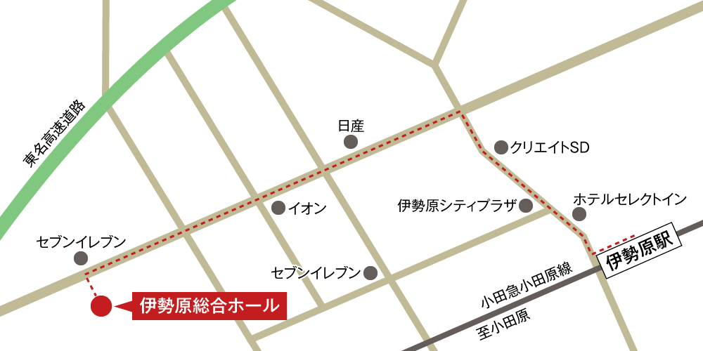 伊勢原総合ホールへの徒歩・バスでの行き方・アクセスを記した地図