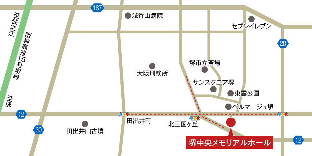 堺中央メモリアルホールへの車での行き方・アクセスを記した地図