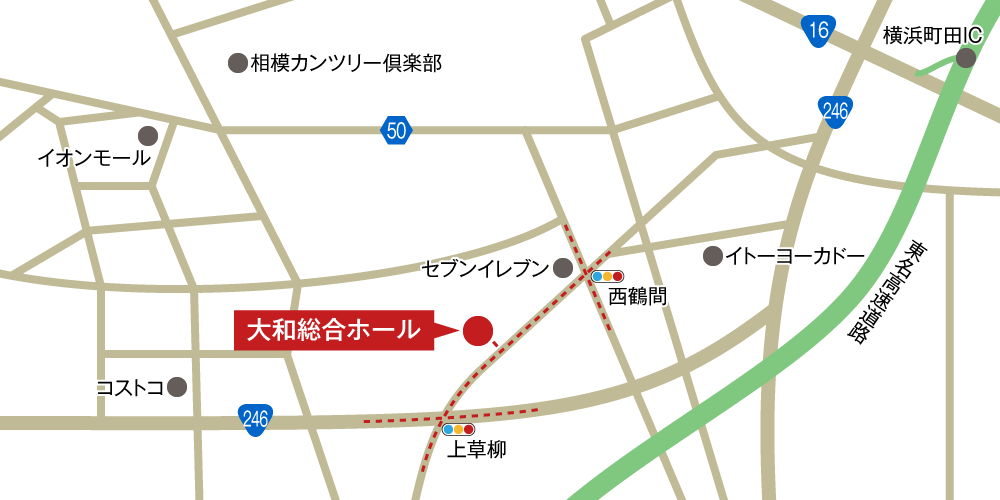 大和総合ホールへの車での行き方・アクセスを記した地図