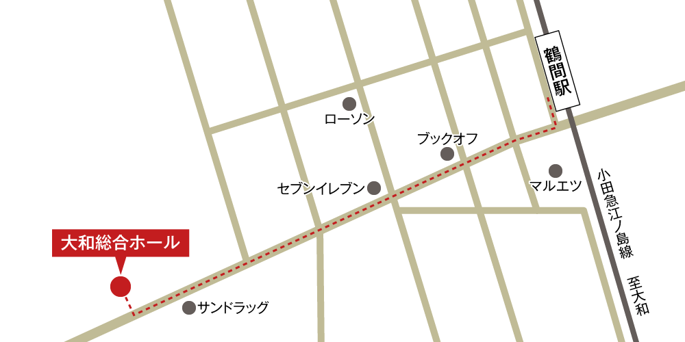 大和総合ホールへの徒歩・バスでの行き方・アクセスを記した地図