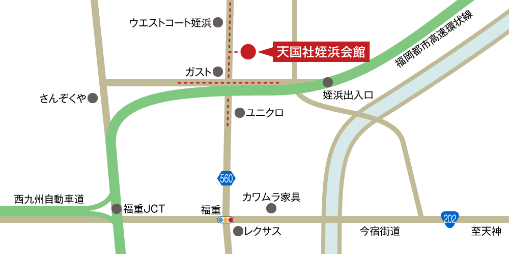 天国社姪浜会館への車での行き方・アクセスを記した地図