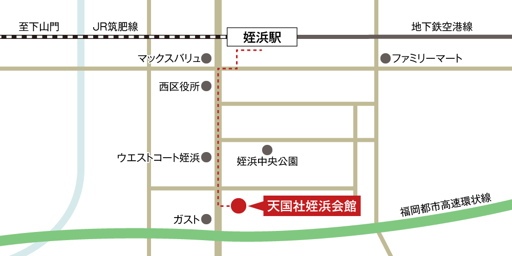 天国社姪浜会館への徒歩・バスでの行き方・アクセスを記した地図