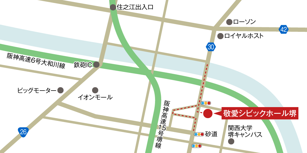 敬愛シビックホール堺への車での行き方・アクセスを記した地図