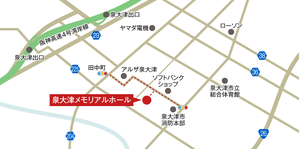 泉大津メモリアルホールへの車での行き方・アクセスを記した地図