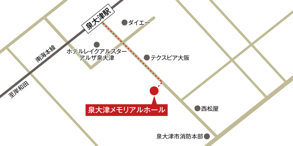 泉大津メモリアルホールへの徒歩・バスでの行き方・アクセスを記した地図