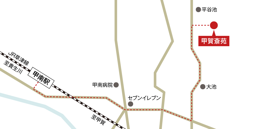 甲賀斎苑への徒歩・バスでの行き方・アクセスを記した地図