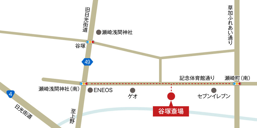 谷塚斎場への車での行き方・アクセスを記した地図
