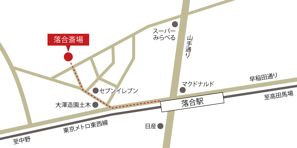 落合斎場への徒歩・バスでの行き方・アクセスを記した地図