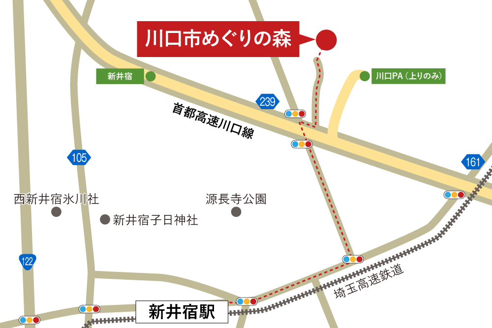 川口市めぐりの森への徒歩・バスでの行き方・アクセスを記した地図