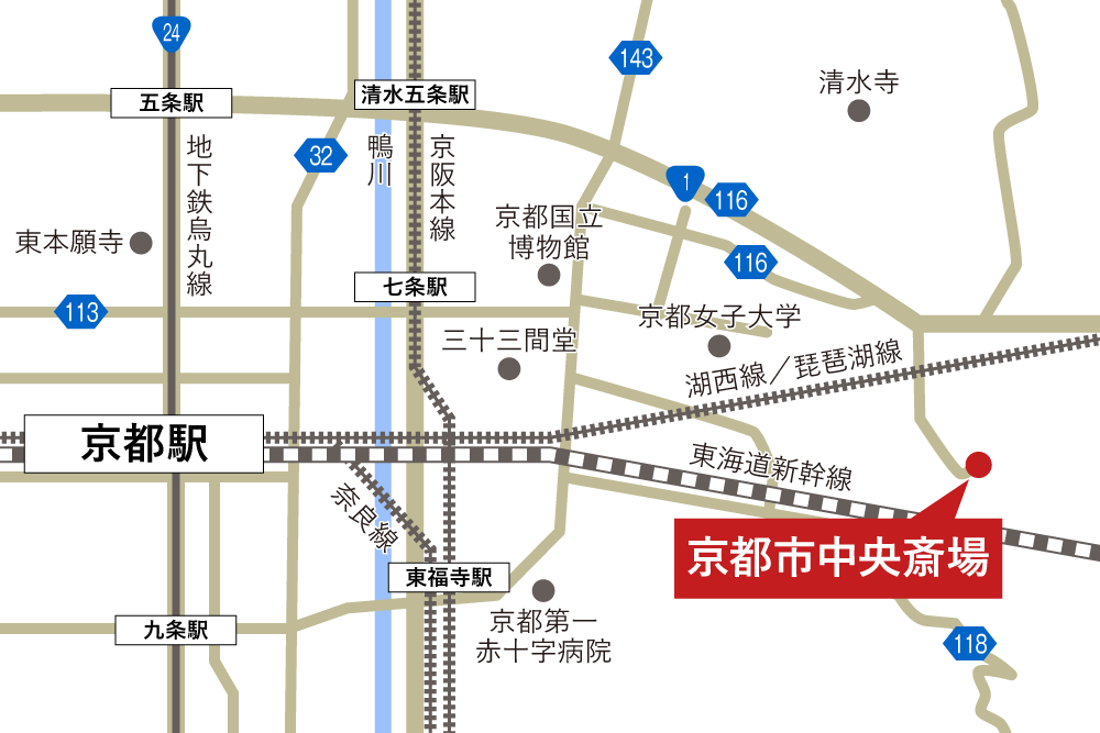 京都市中央斎場への車での行き方・アクセスを記した地図